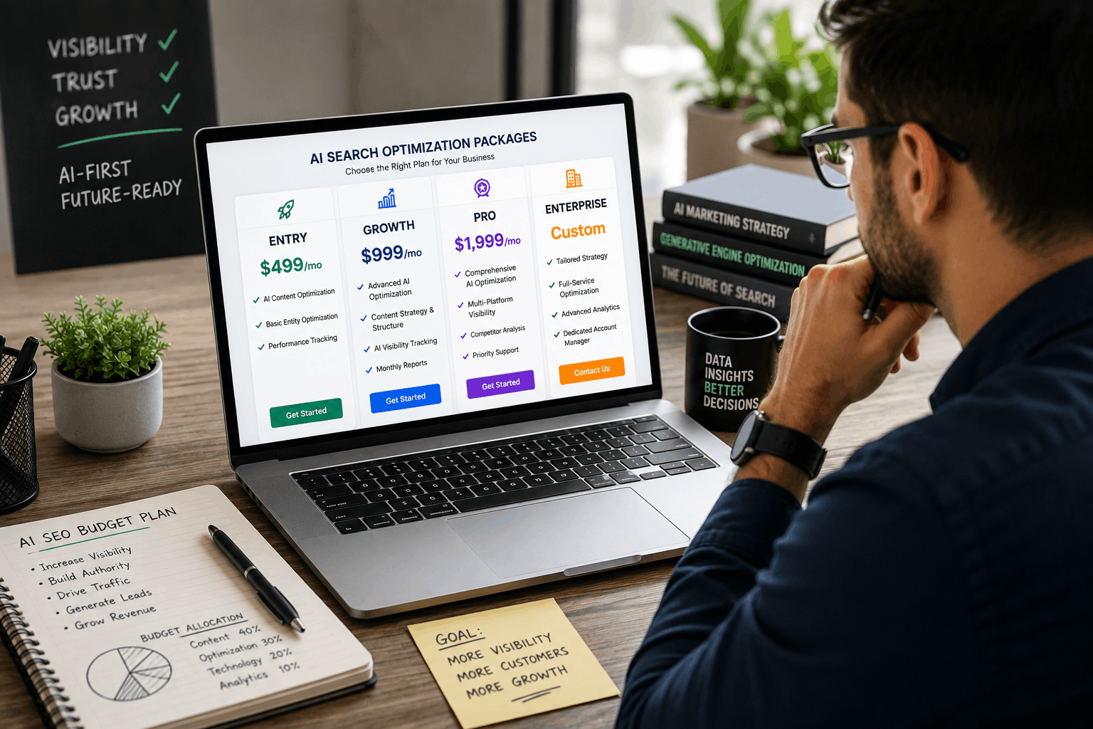 Business owner reviewing AI search optimization pricing tiers and budget on a laptop