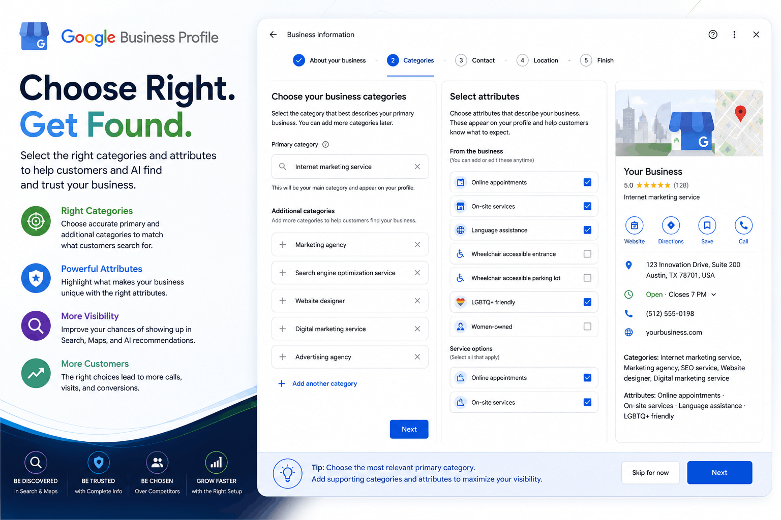 Google Business Profile category and attribute selection screen