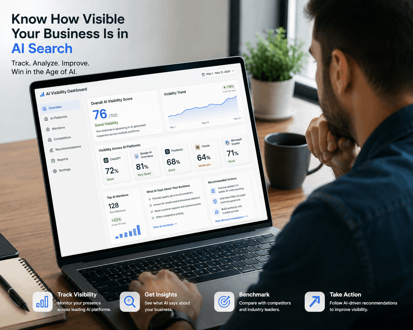 Business owner reviewing AI search visibility results on a laptop dashboard